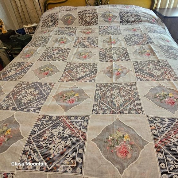 SOLD - Vintage Handmade Linen Cross Stitch Embroidery Lace Trim Bed Coverlet - Picture 2 of 5